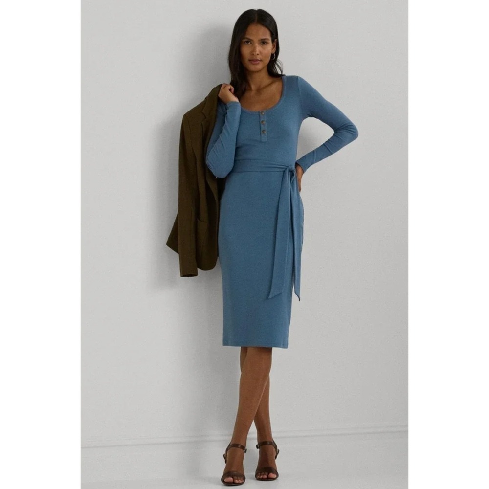 Lauren Ralph Lauren Belted Rib-Knit Henley Dress Size M Dusk Blue